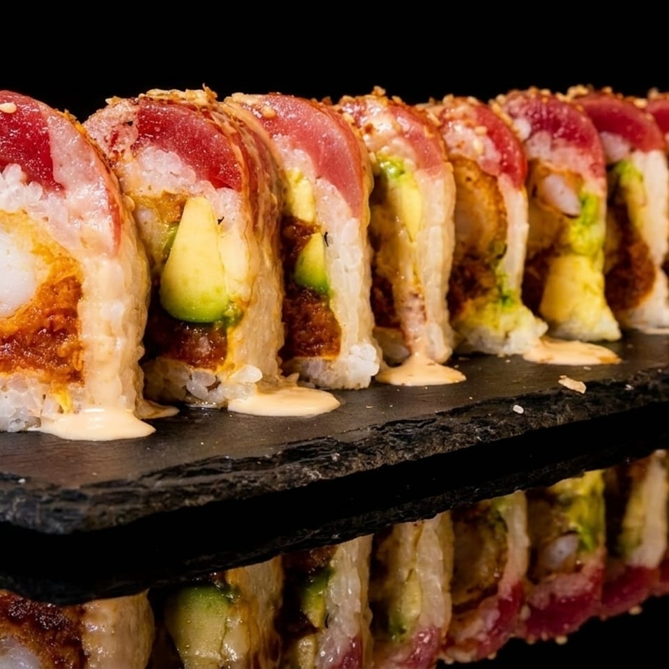 Sushi roll with tuna, avocado, and shrimp tempura, drizzled with sauce on a dark slate.