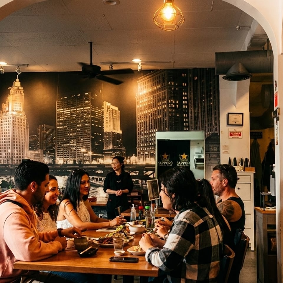 A group of friends dining at a restaurant with a city skyline mural and a server in the background.