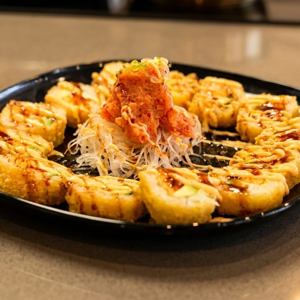 Fried sushi rolls with sauce and a center of spicy tuna and shredded daikon on a black plate.