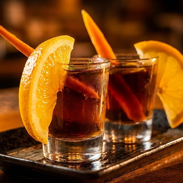 Two dark cocktails in shot glasses garnished with orange slices and peels on a black tray.