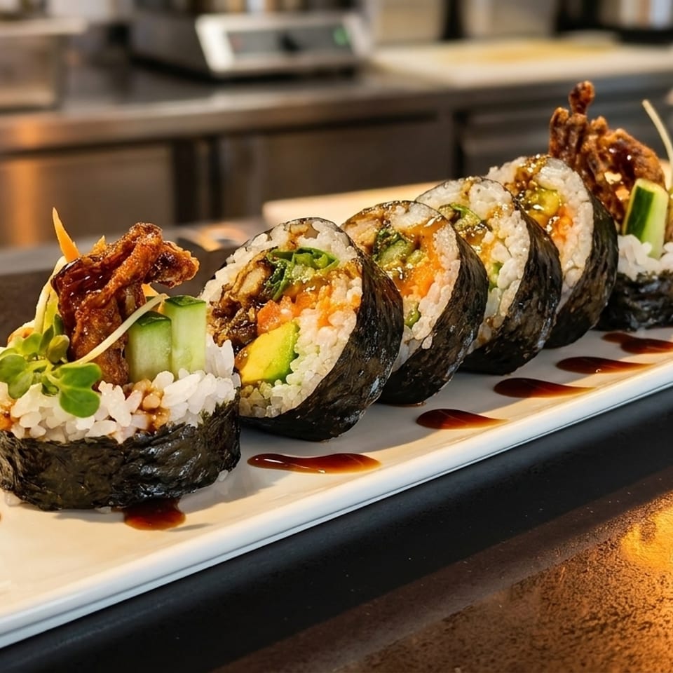 Sushi rolls with crispy toppings and sauce on a white plate in a restaurant setting.