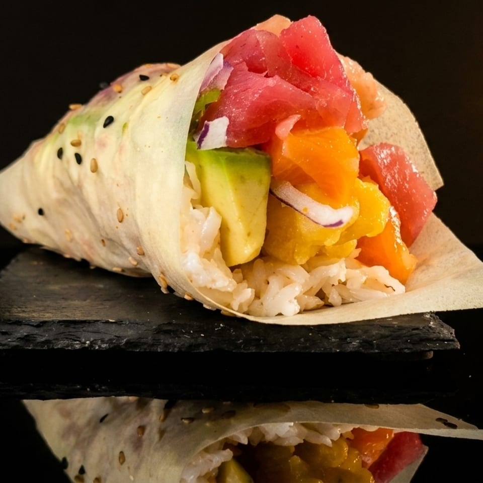 A colorful poke burrito with tuna, avocado, mango, and rice, on a dark slate board.