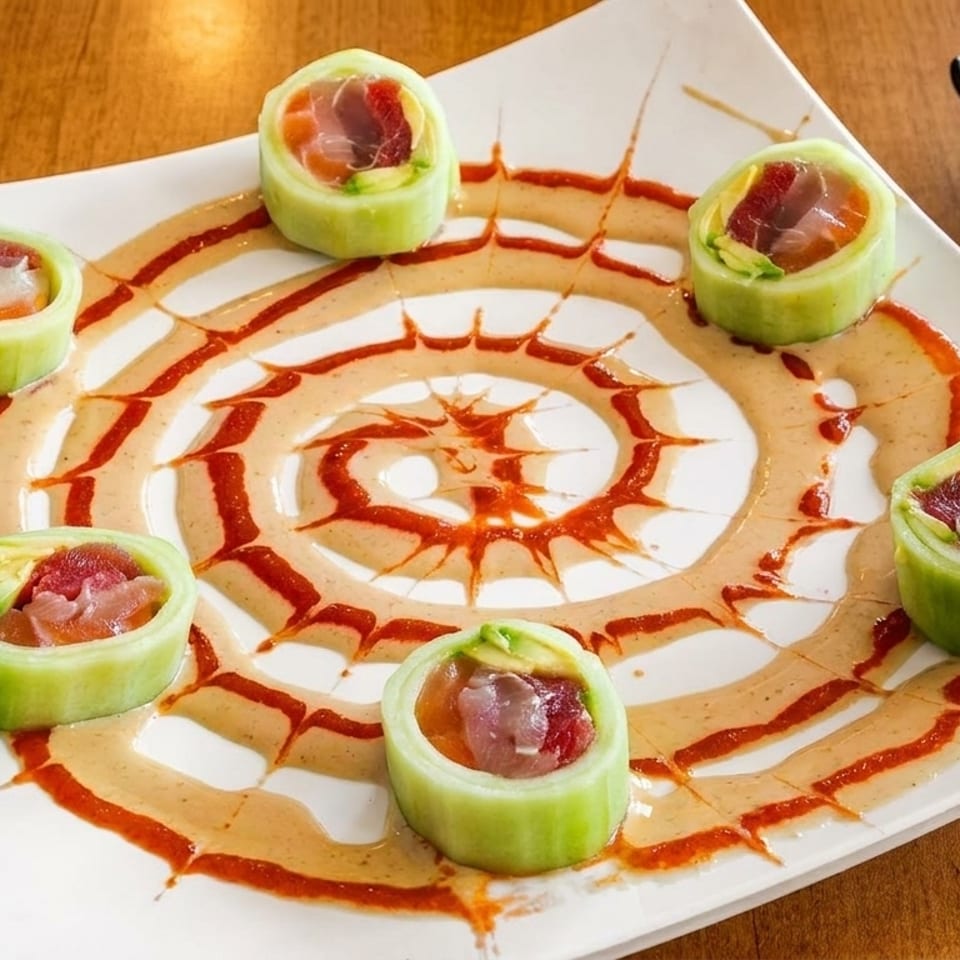 Seven cucumber-wrapped sushi rolls with tuna and avocado, arranged on a white plate with sauce swirls.